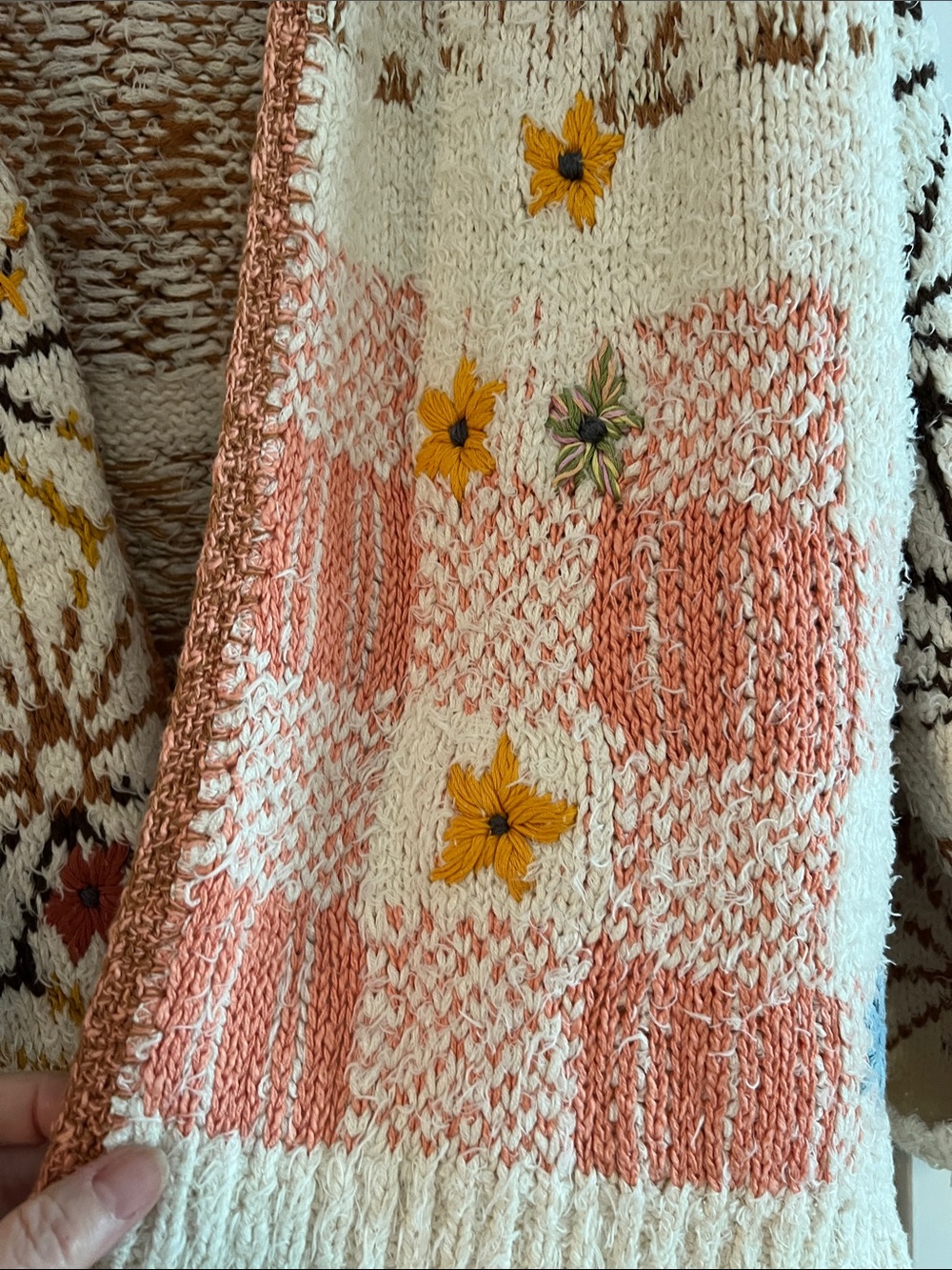 Free People Patchwork Open-Front Cardigan - Cream, Pink & Mustard - Picture 3 of 3